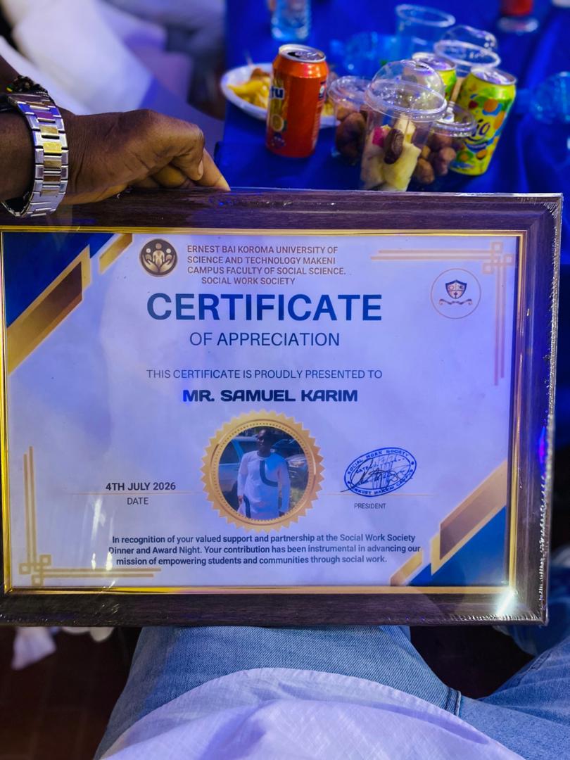 Certificate of Appreciation presented to Mr. Samuel Karim